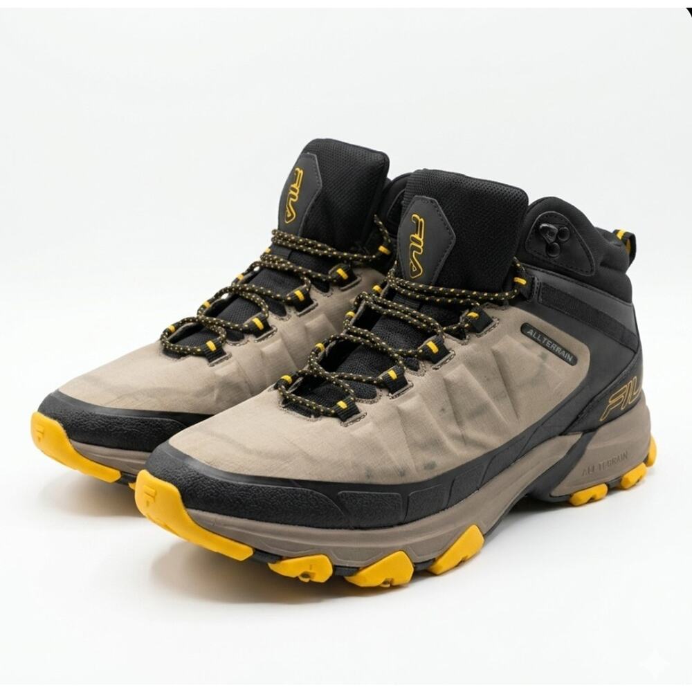 FILA All Terrain Hiking Boots Men's 13 Taupe Black Yellow Trail Shoes 1JM01570